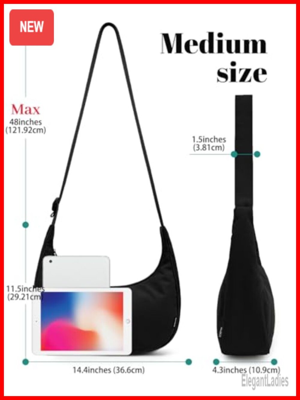 Medium Nylon Crossbody Crescent Hobo Bag with Adjustable Strap & Inner Pockets - Picture 3 of 6